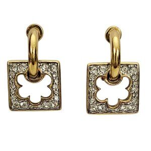 Swarovski Clear Rhinestone Square Flower Shape Dangle Clip Earrings, Signed L805